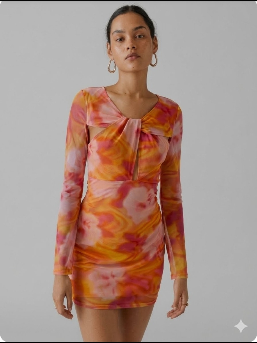 NWT Urban Outfitters Giuliana Orange Pink Mesh Long Sleeve Floral Mini Dress S-P